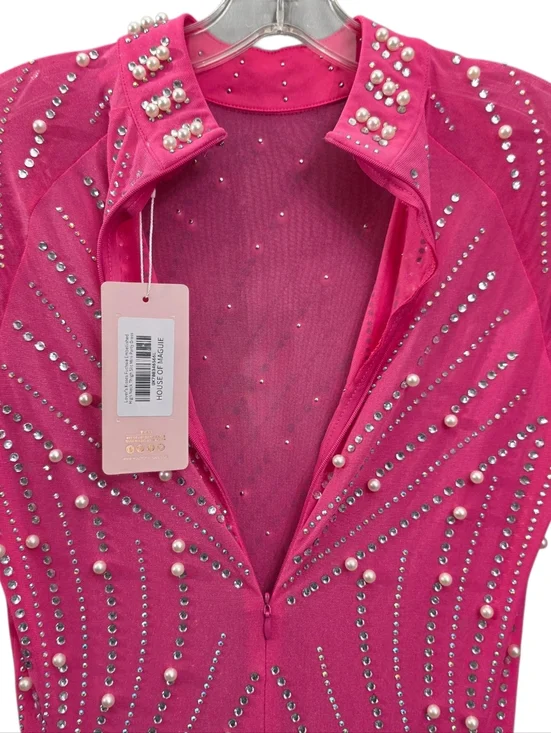 Nwt House Of Maguie Hot Pink Longsleeve Rhinestone,feathers & pearls Party Dress - Picture 11 of 16